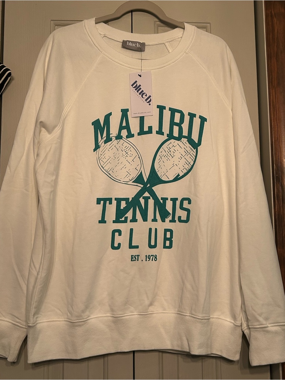 blue b. Cream Crewneck Sweatshirt with Teal Malibu Tennis Graphic
